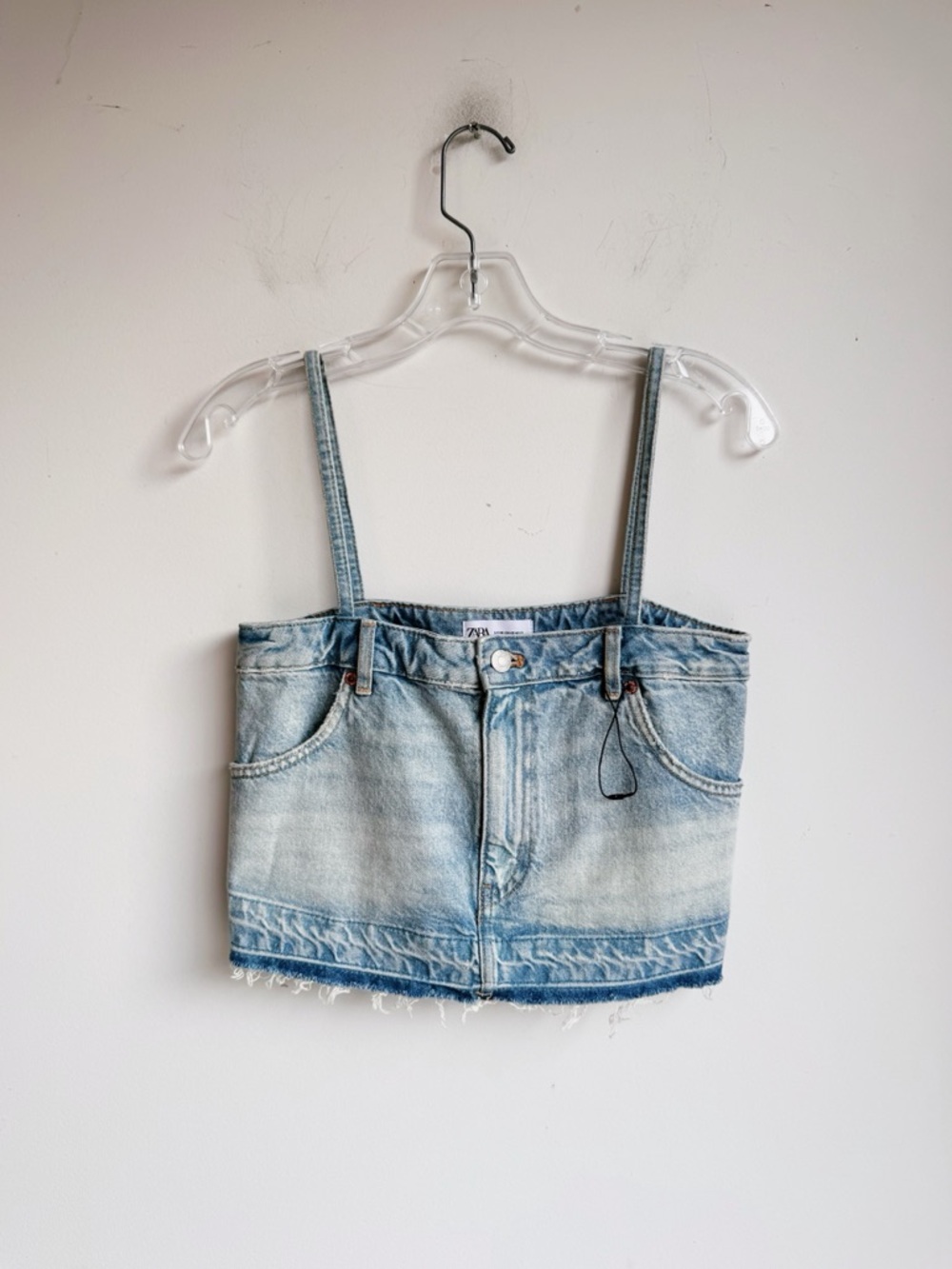 Zara Denim Skirt Effect Crop Top XS Y2K Strappy Jean Bustier Top - Picture 3 of 5